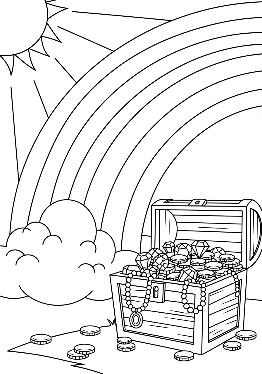 Desenho de baú do tesouro com arco-íris e nuvens para colorir