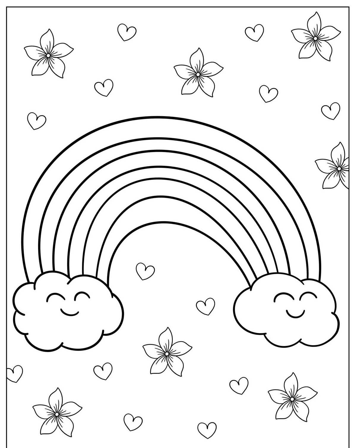 Desenho de Arco-íris com nuvens felizes e flores para colorir