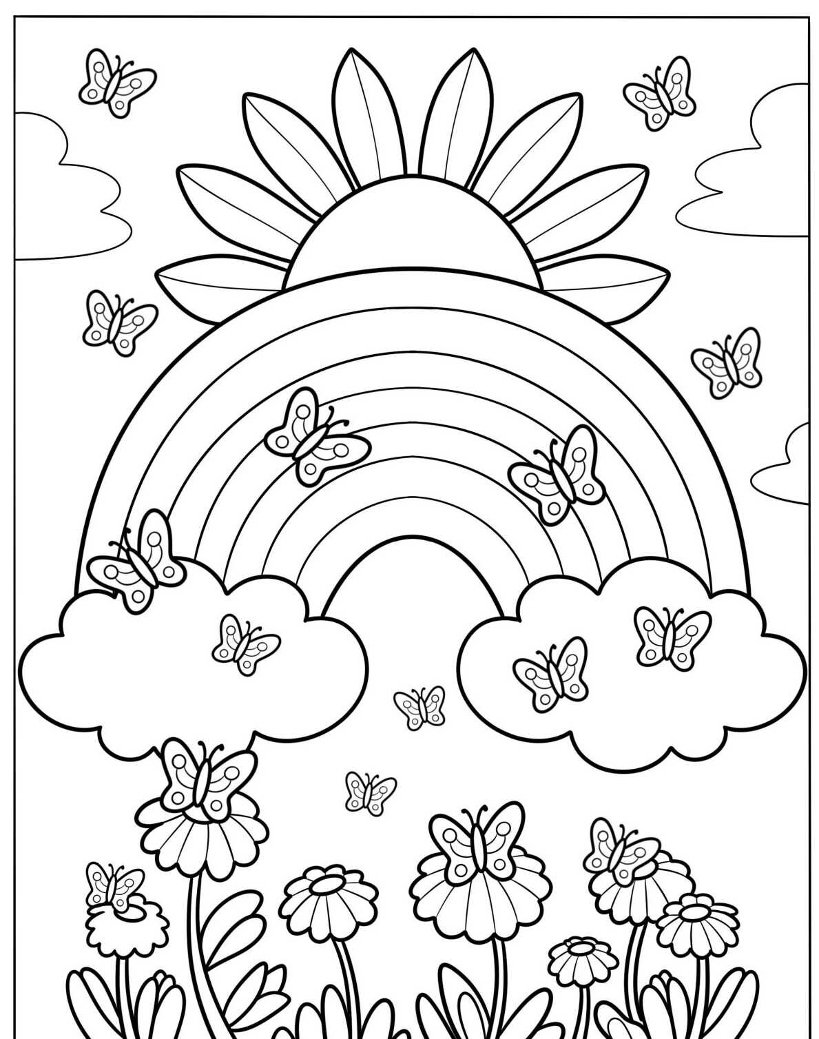 Desenho de Arco-íris com céu e flores para colorir