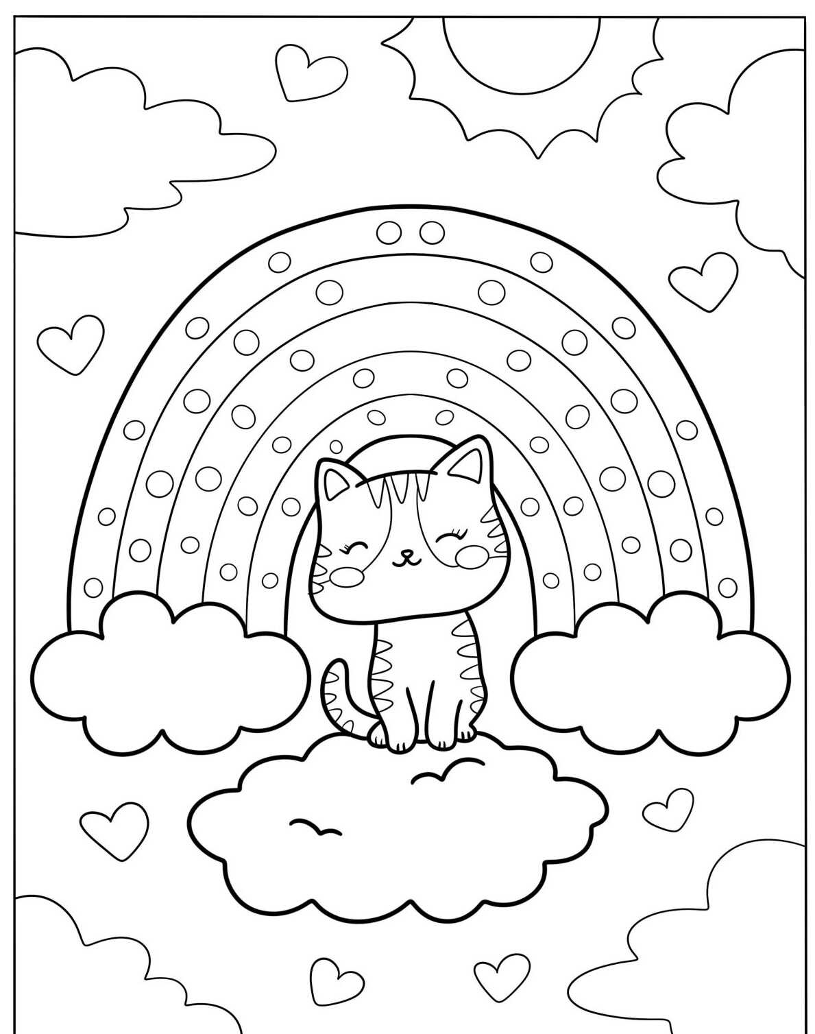 Desenho de gato fofo com arco-íris e corações para colorir