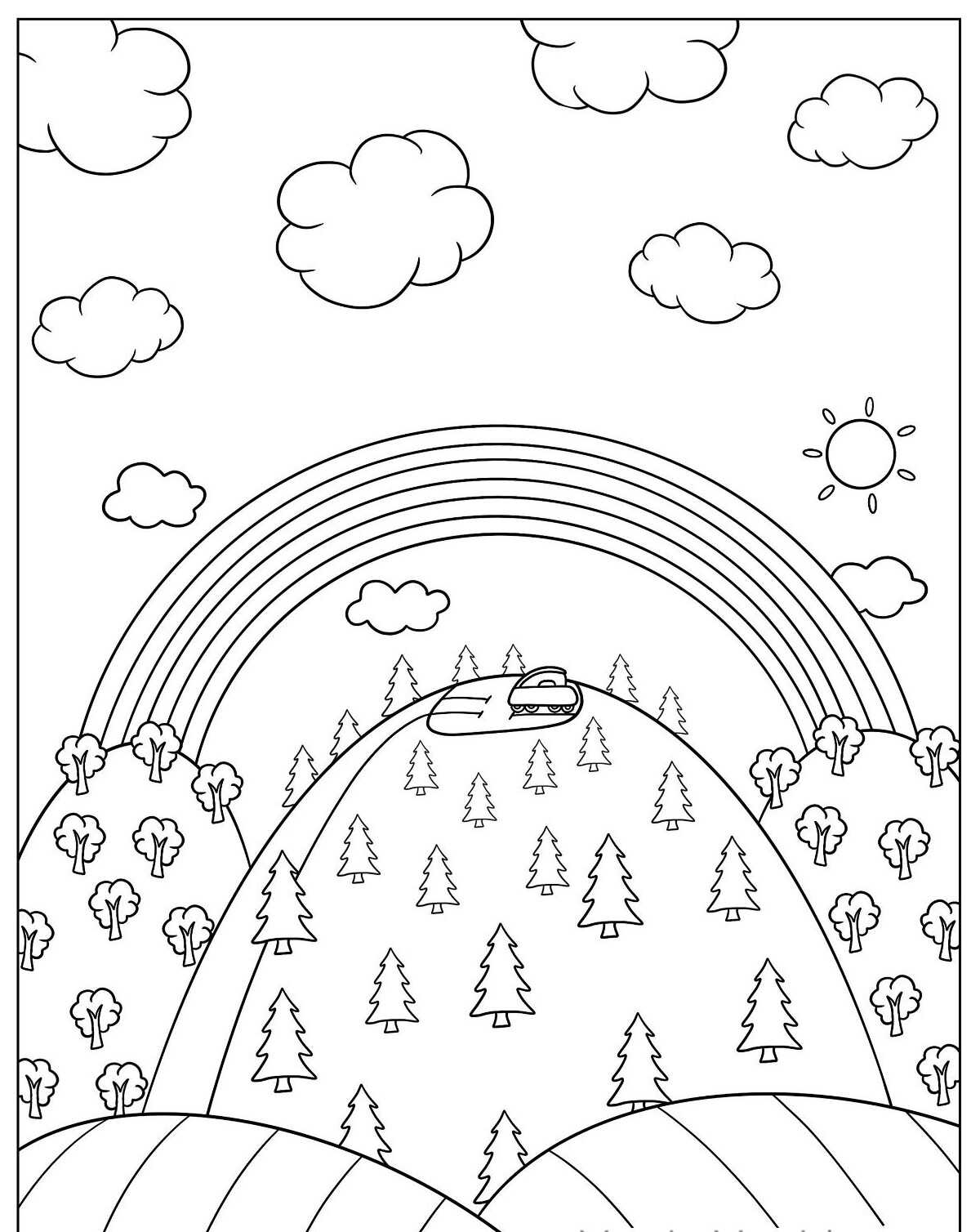 Desenho de Arco-íris sobre montanhas com árvores para colorir
