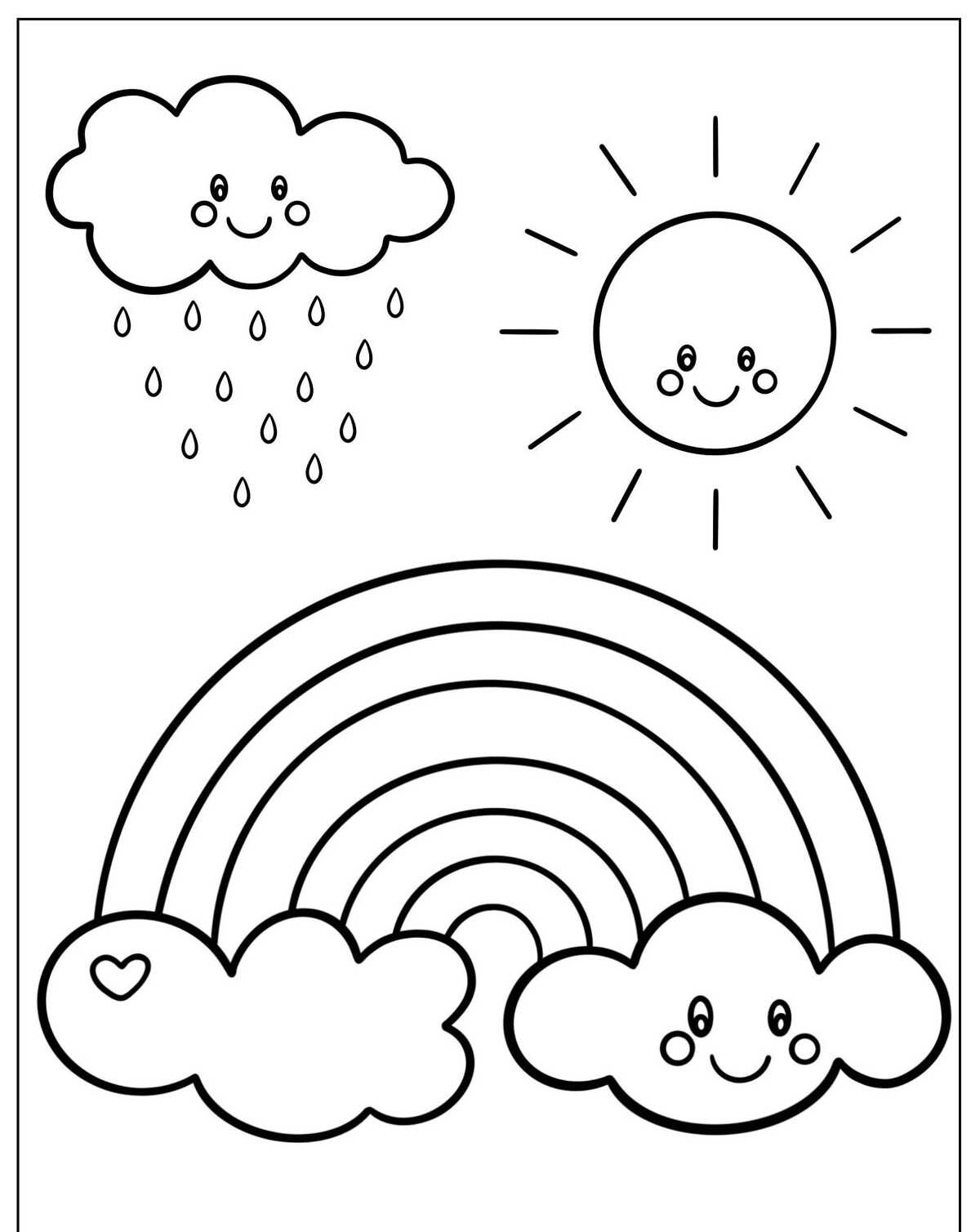 Desenho de Arco-íris com sol e nuvens felizes para colorir
