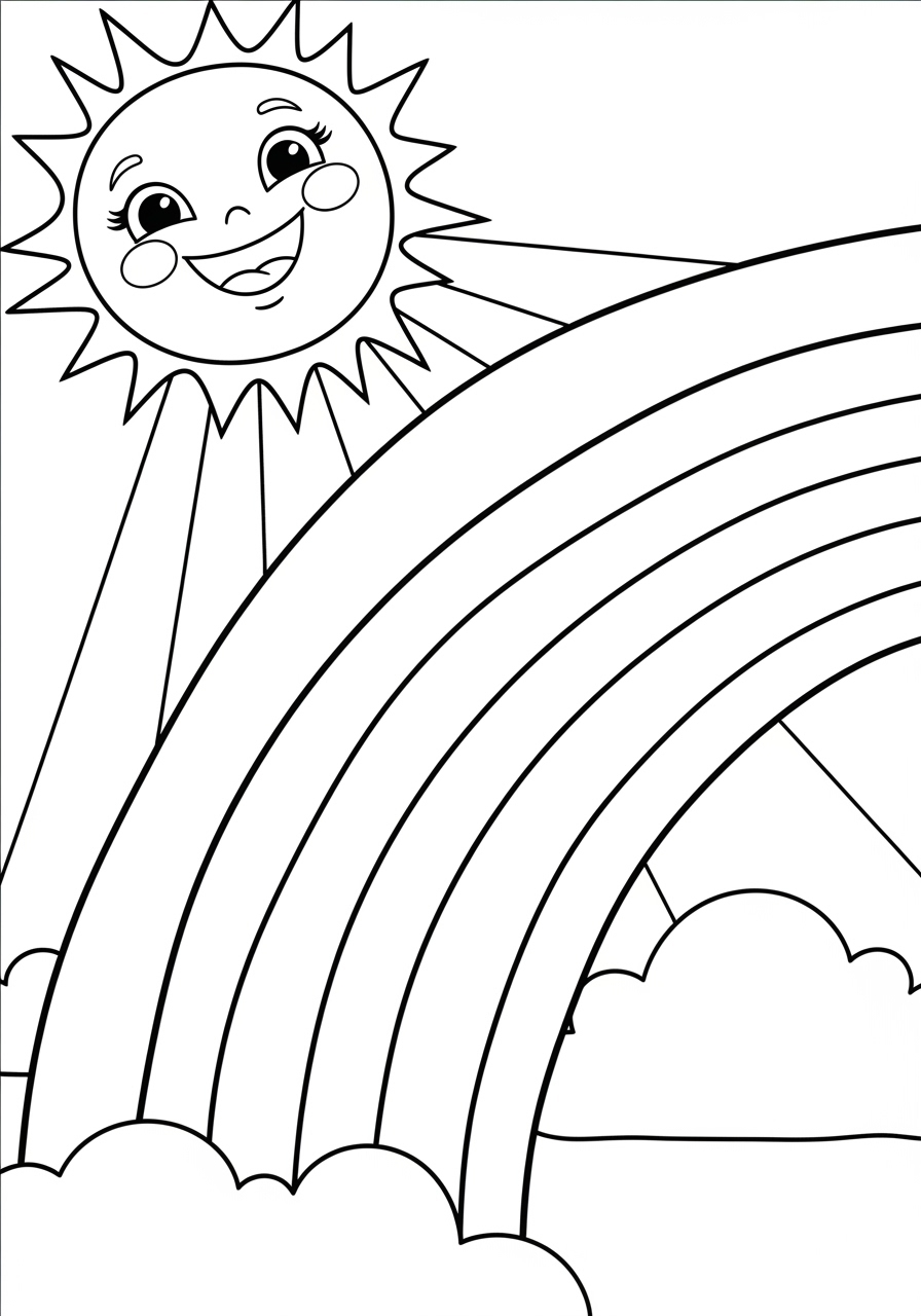 Desenho de Arco-íris com sol sorridente e nuvens para colorir
