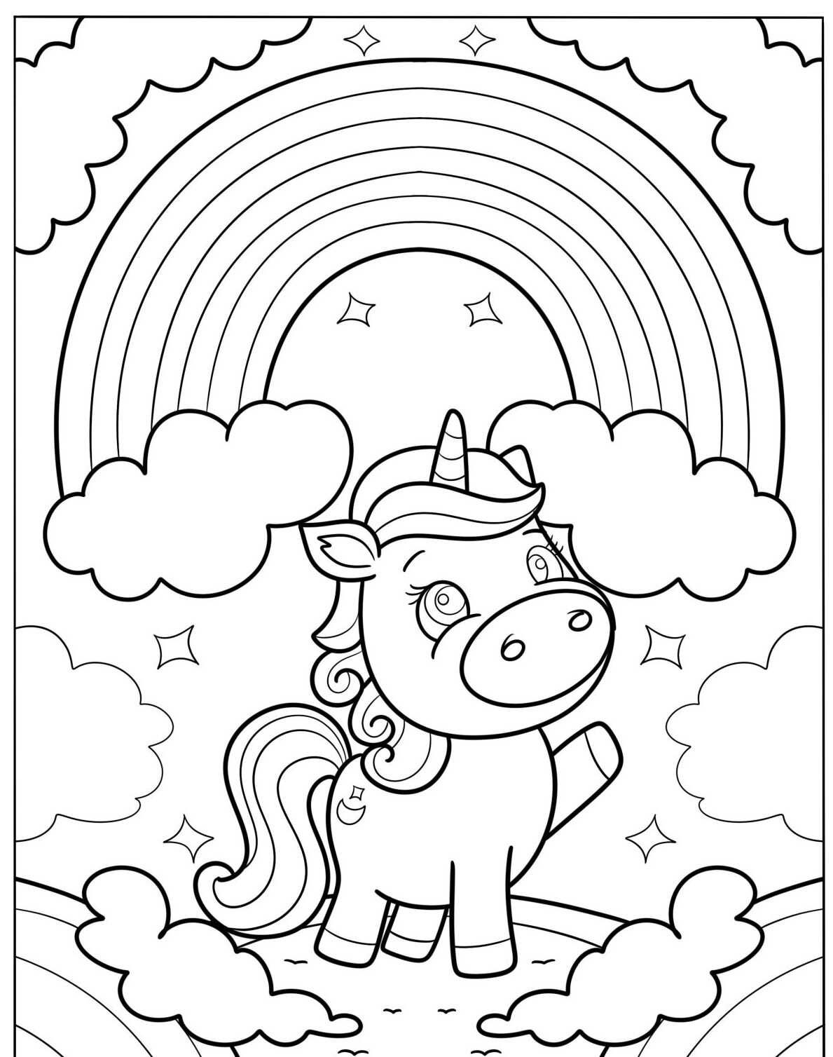 Desenho de unicórnio com arco-íris e nuvens para colorir