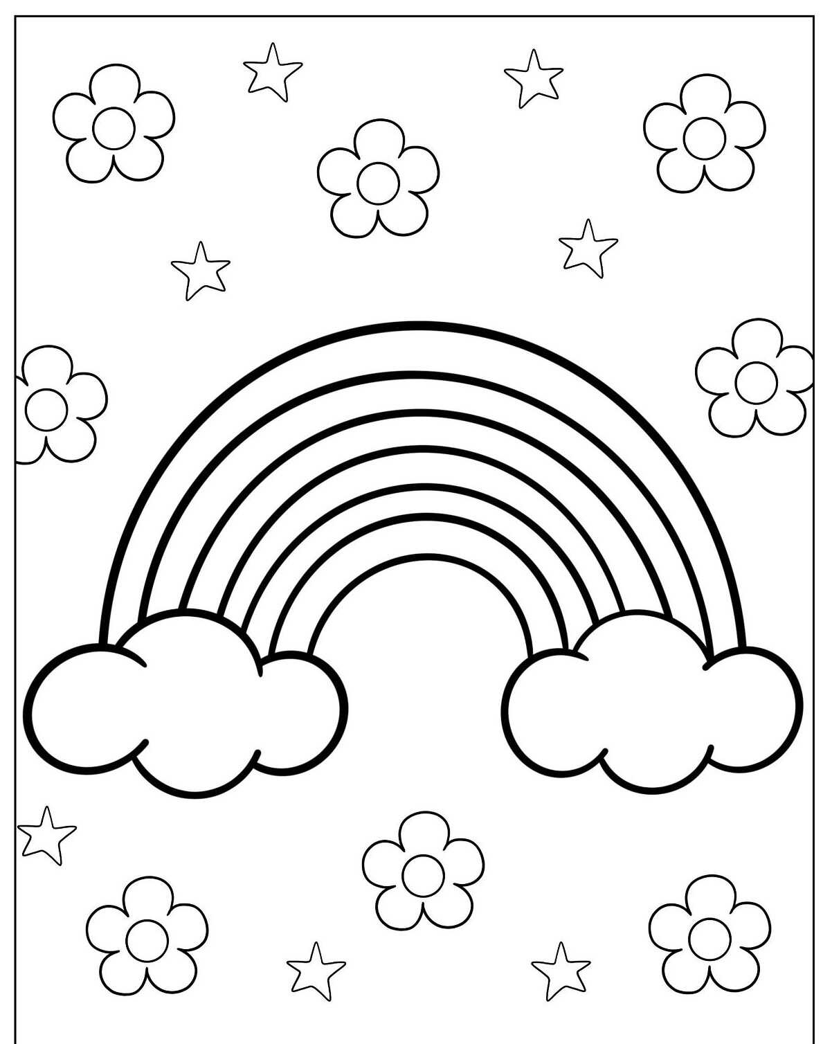 Desenho de Arco-íris com nuvens flores e estrelas para colorir