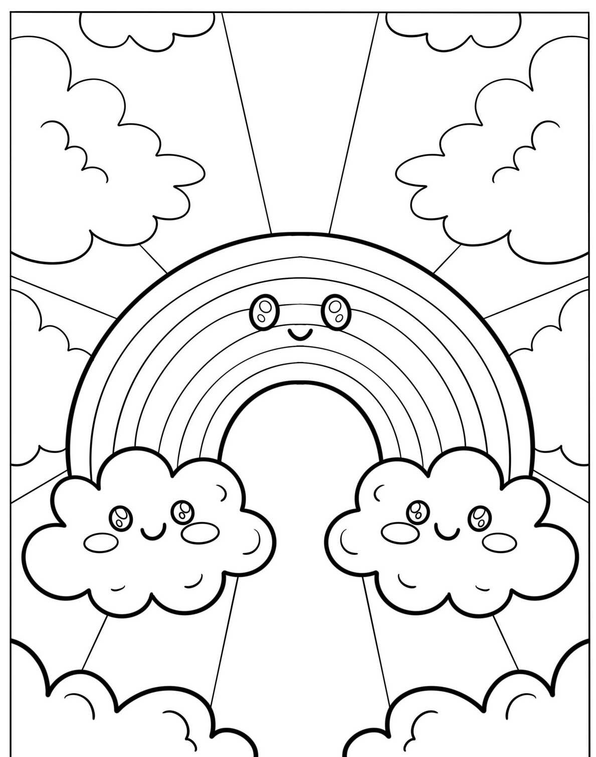 Desenho de Arco-íris com nuvens sorridentes para colorir