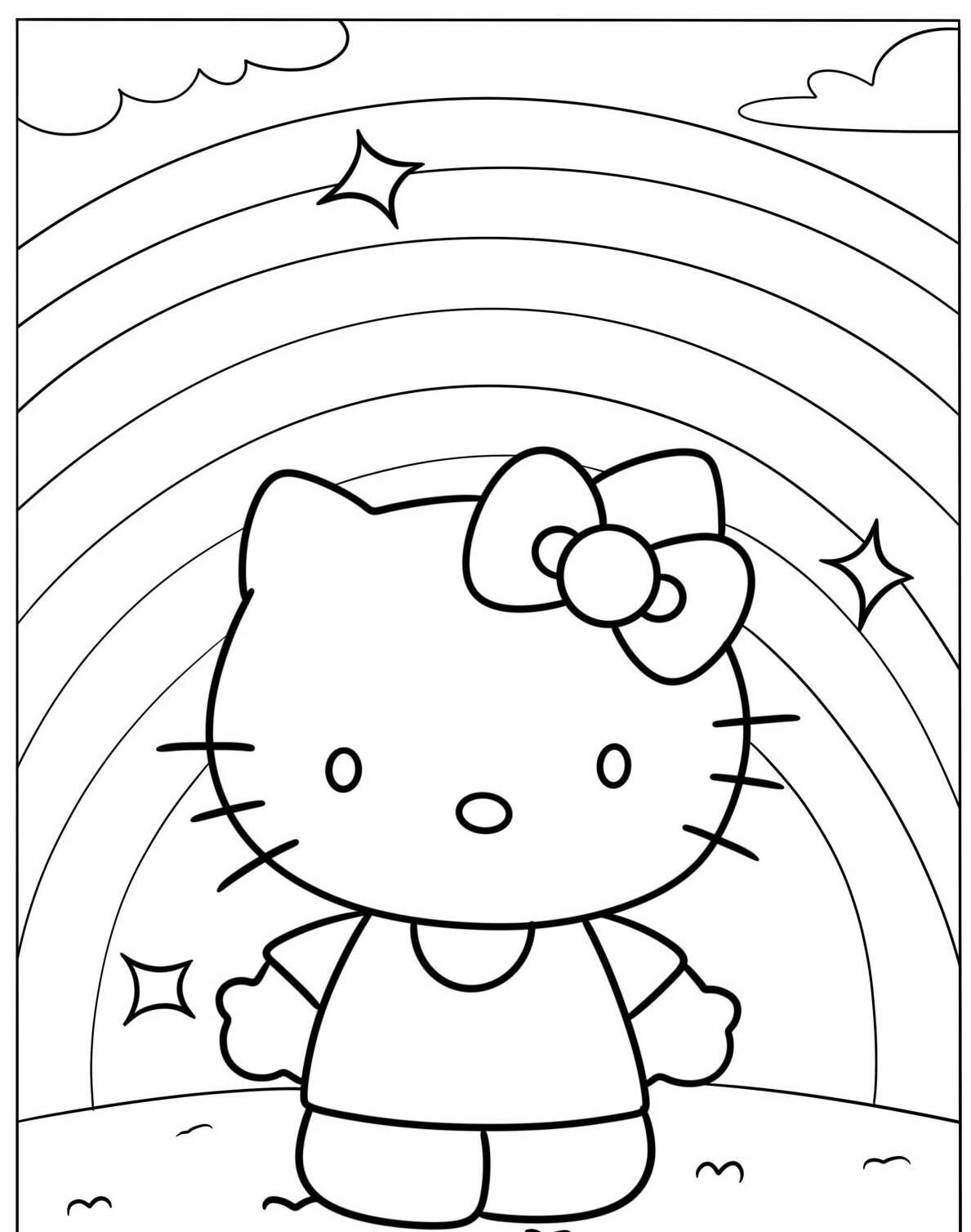 Desenho de Hello Kitty com arco-íris e estrelas para colorir
