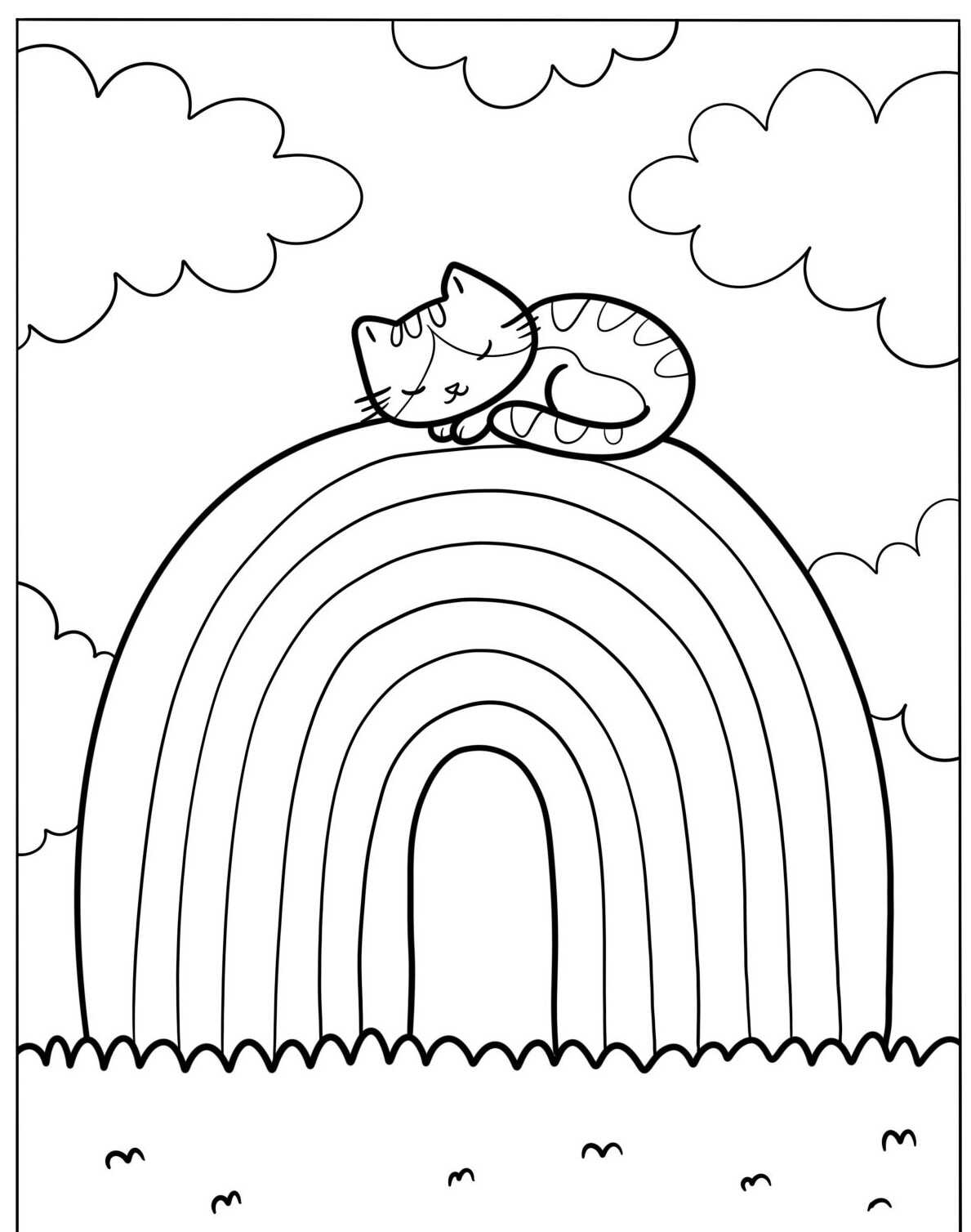 Desenho de Arco-íris com gato descansando em cima para colorir