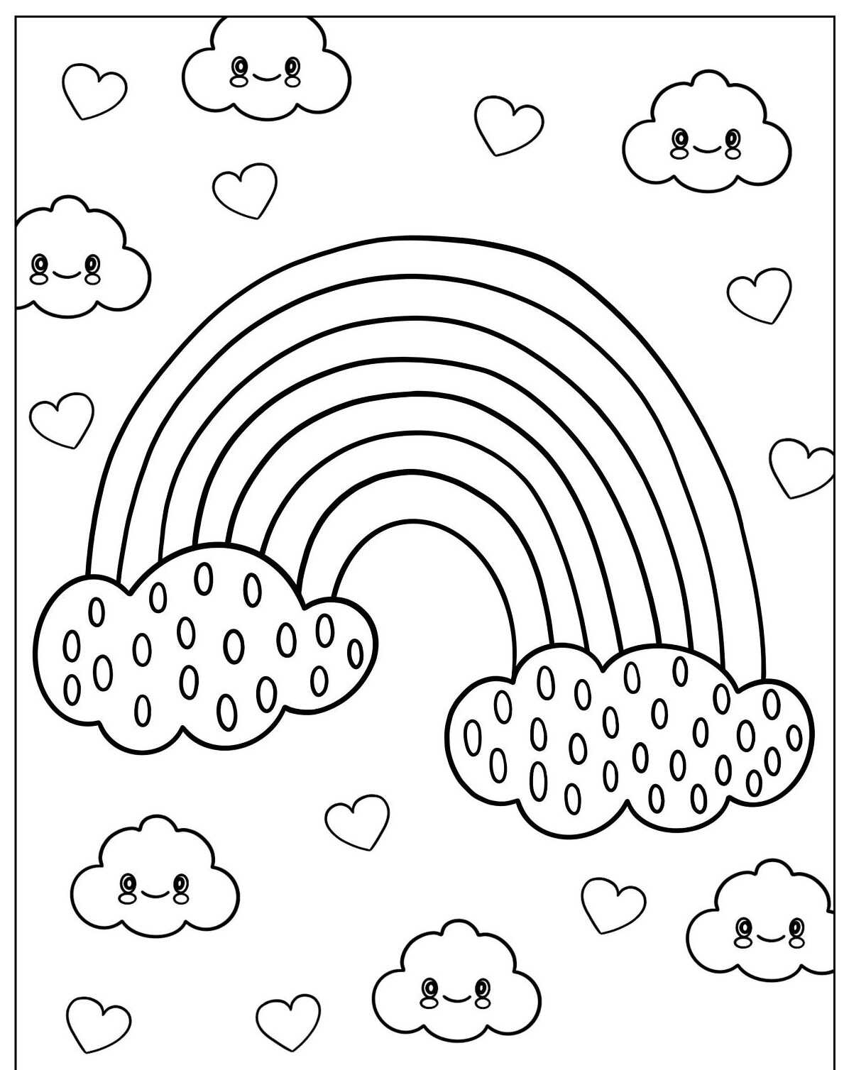Desenho de Arco-íris com nuvens e corações para colorir