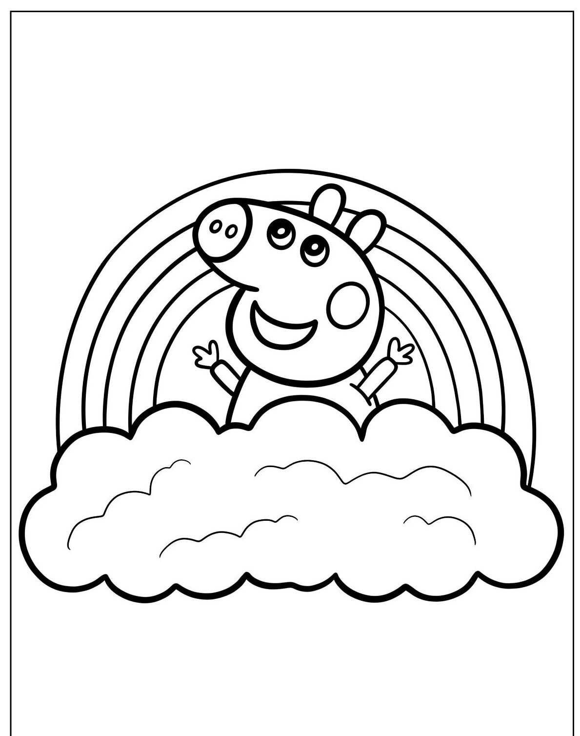 Desenho de personagem alegre com arco-íris e nuvem para colorir