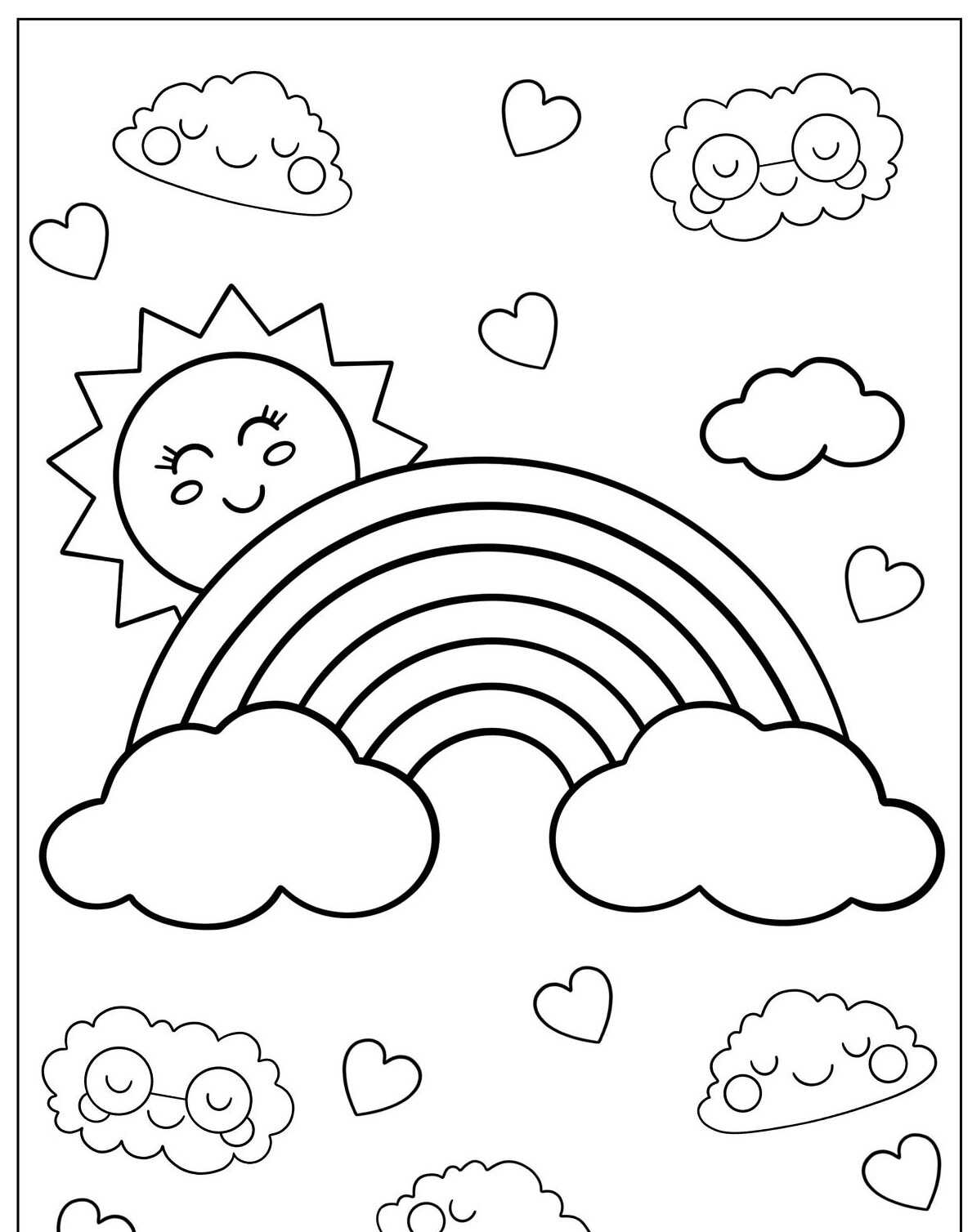 Desenho de Arco-íris com sol nuvens e corações para colorir