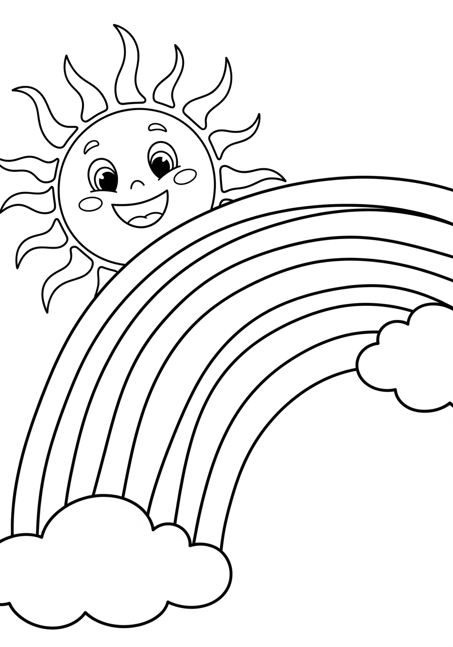 Desenho de Arco-íris com sol sorridente e nuvens para colorir