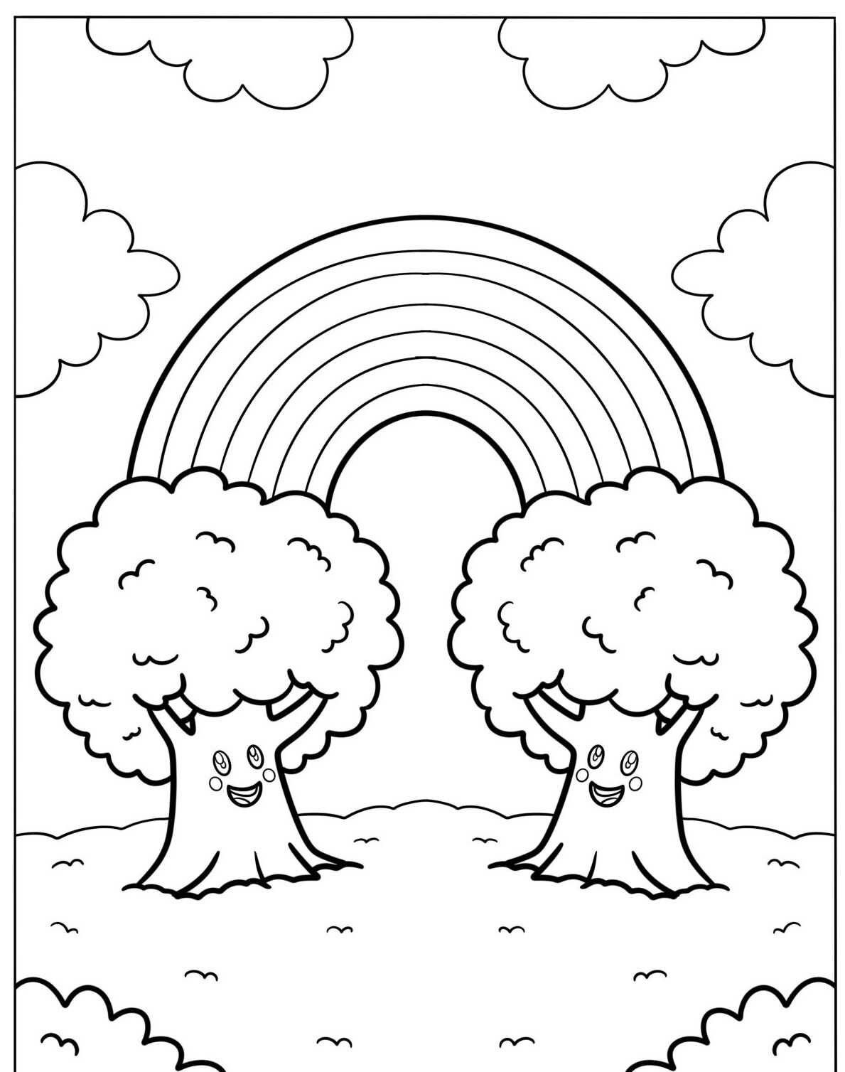 Desenho de Arco-íris com árvores sorridentes para colorir