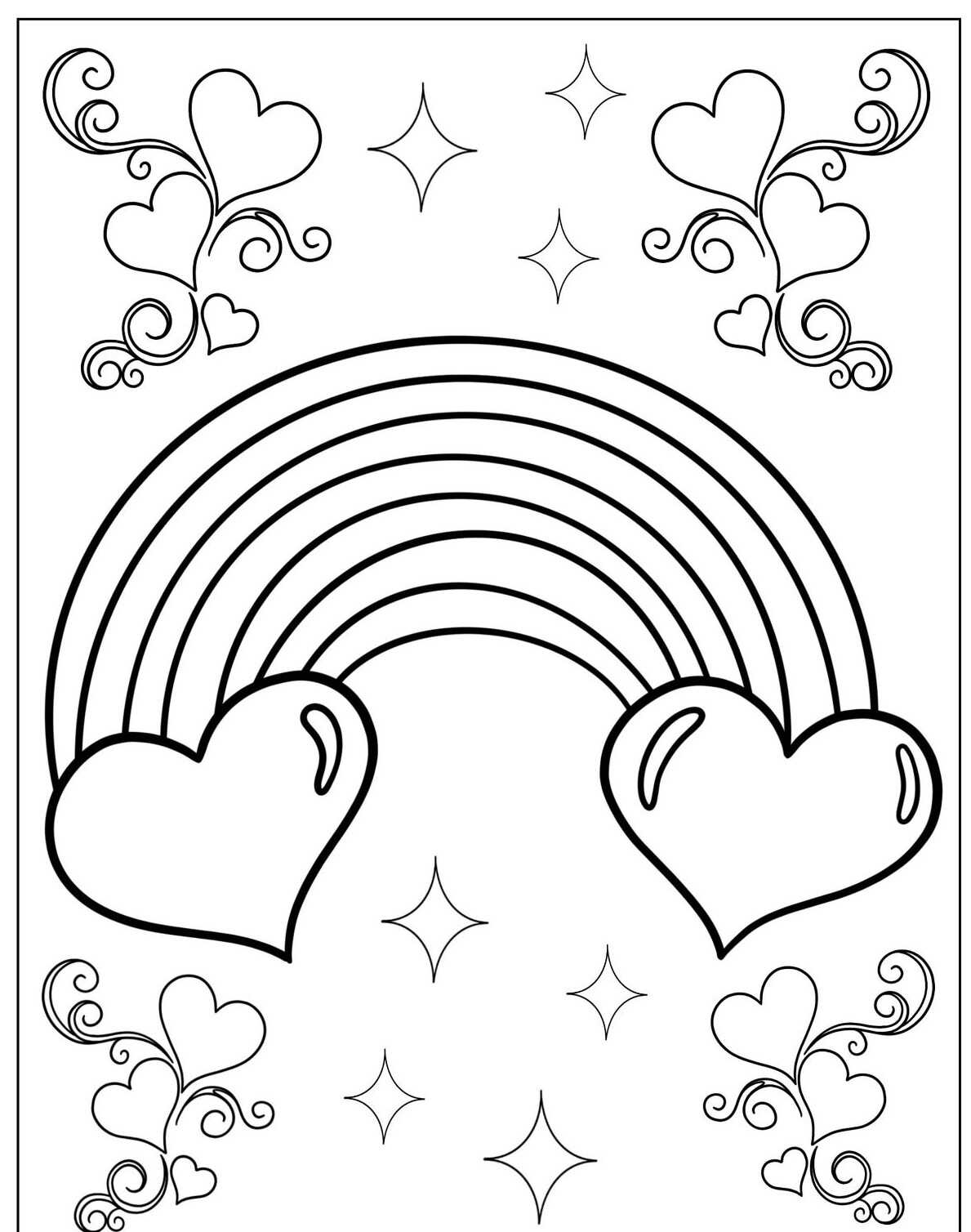Desenho de Arco-íris com corações e detalhes para colorir