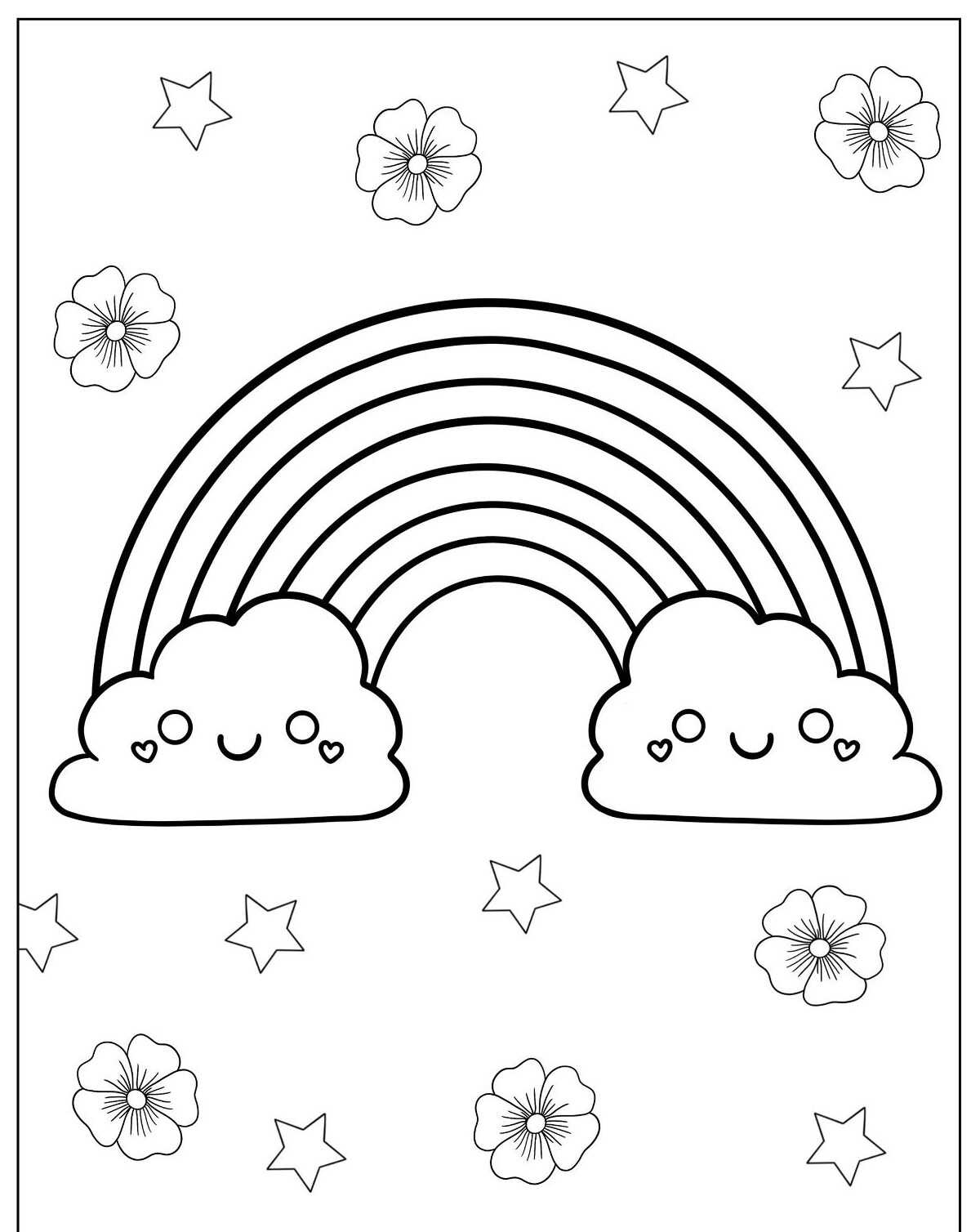Desenho de Arco-íris com nuvens e estrelas para colorir