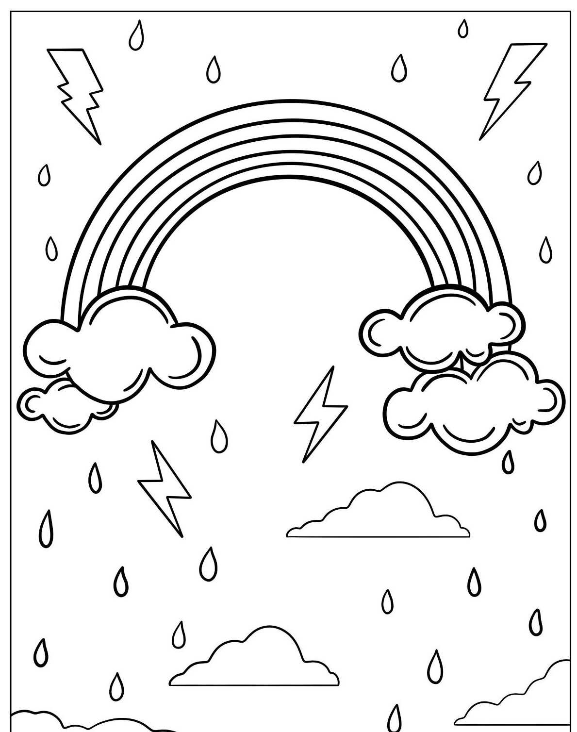 Desenho de Arco-íris com nuvens e raios para colorir