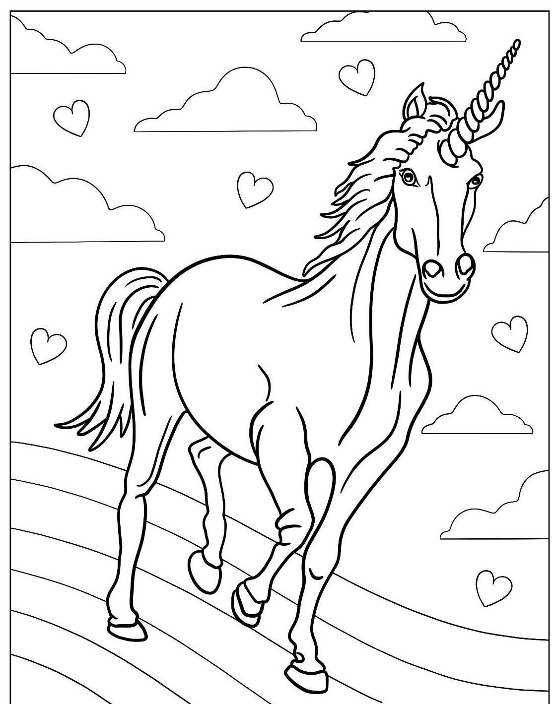 Desenho de unicórnio com corações e nuvens para colorir