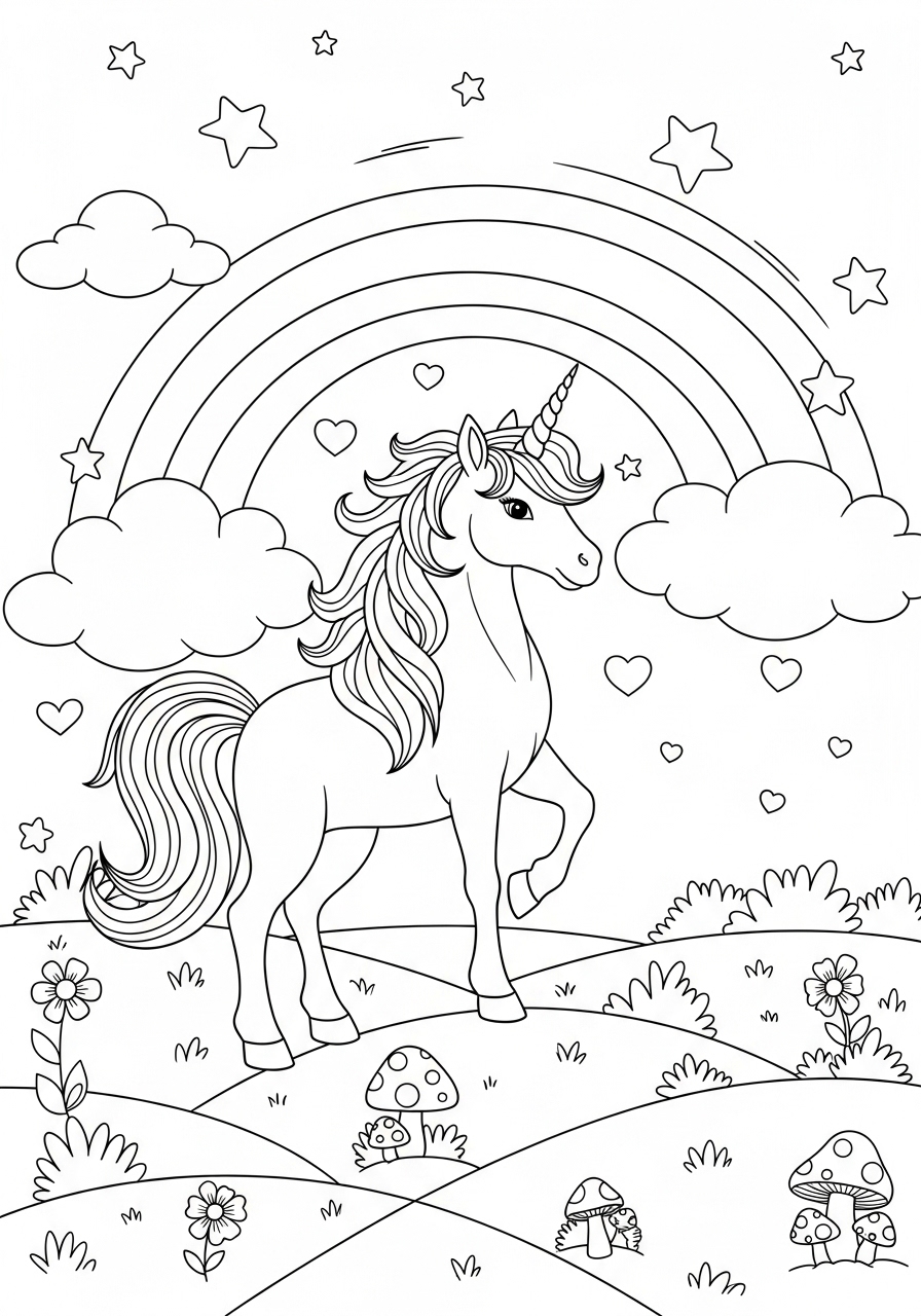Desenho de Arco-íris com unicórnio e nuvens para colorir