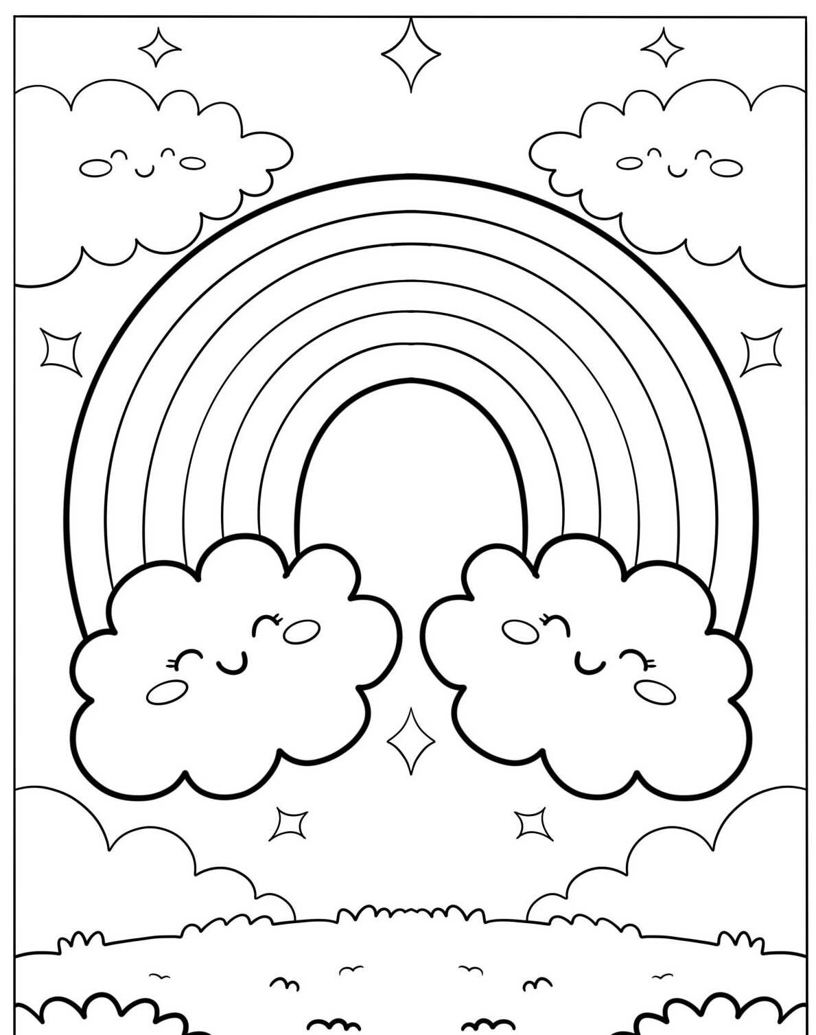 Desenho de Arco-íris com nuvens sorridentes para colorir