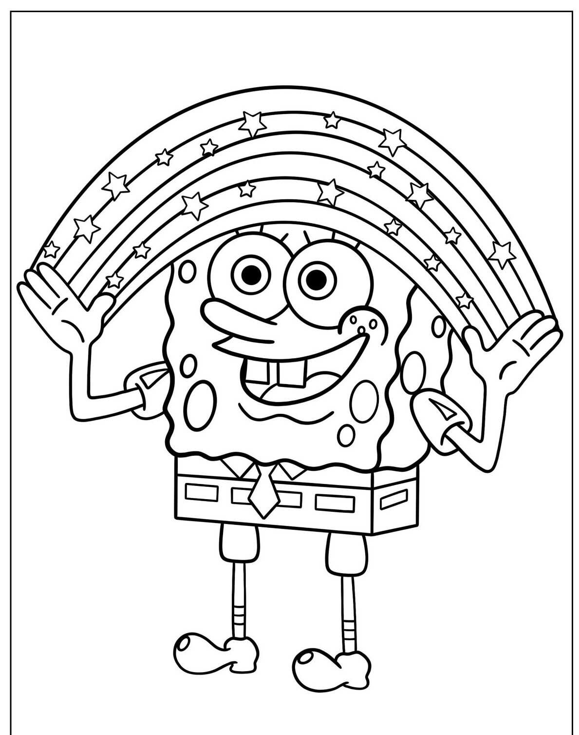 Desenho de personagem segurando um arco-íris para colorir