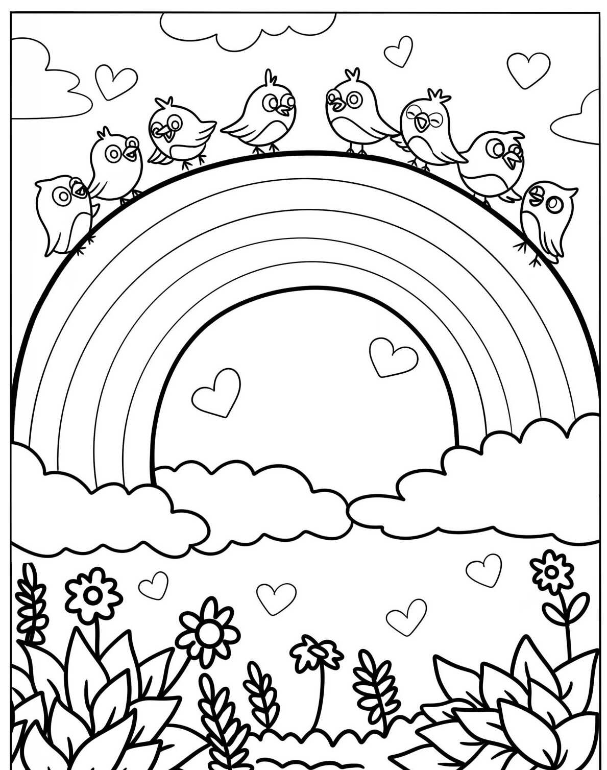 Desenho de Arco-íris com pássaros e corações para colorir