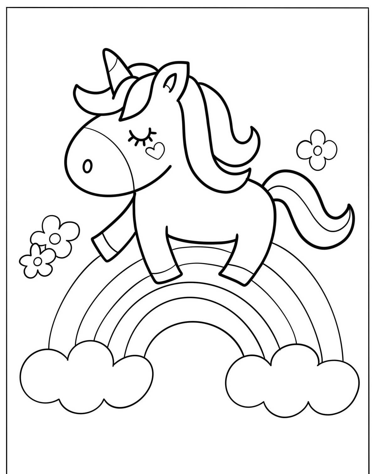 Desenho de unicórnio em arco-íris com flores para colorir