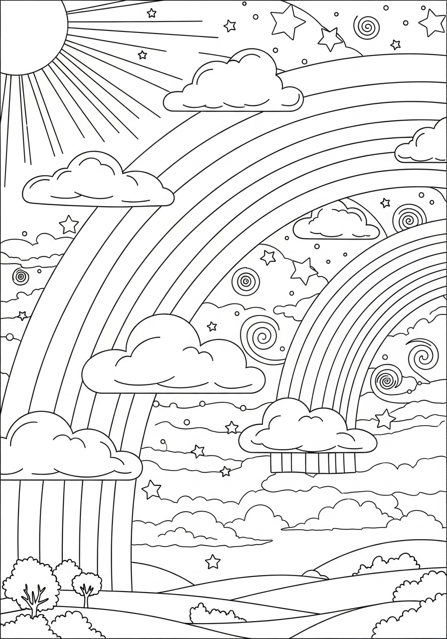 Desenho de Arco-íris com nuvens e sol para colorir