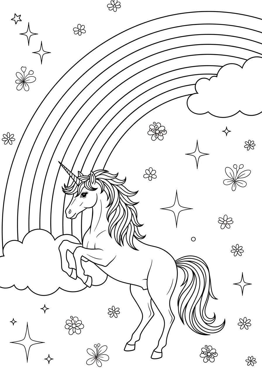 Desenho de Arco-íris com unicórnio e flores para colorir