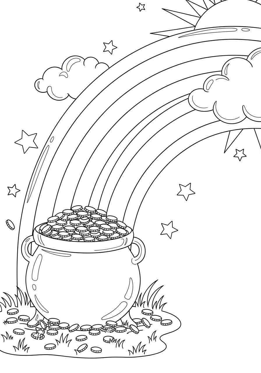 Desenho de pote de moedas sob arco-íris para colorir