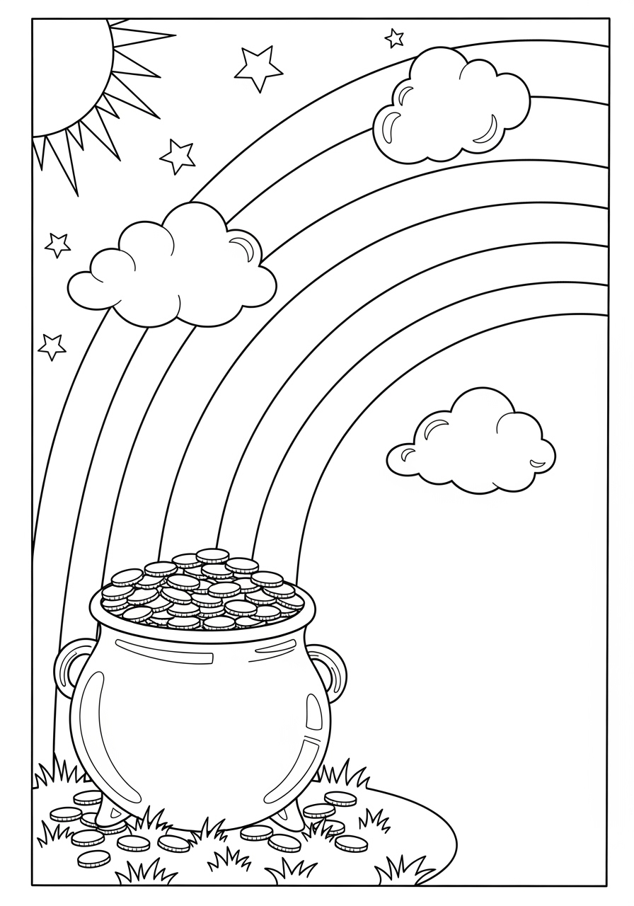 Desenho de Arco-íris com pote de ouro e nuvens para colorir