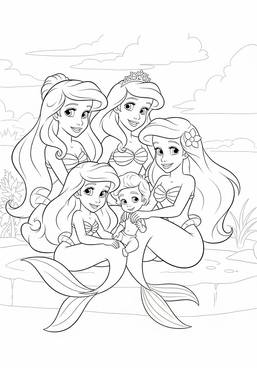 Desenho da Ariel e irmãs sereias para colorir