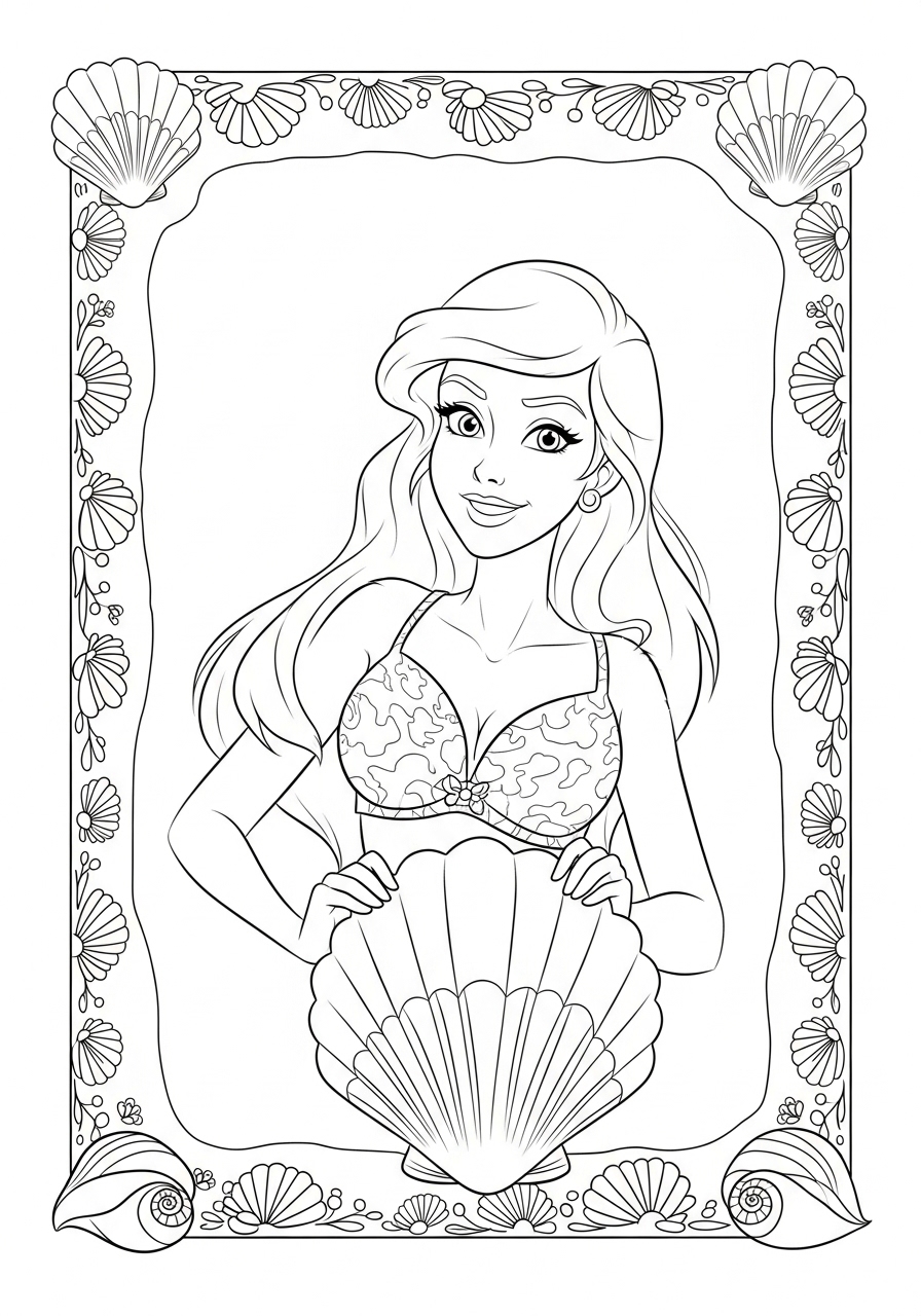 Desenho da Ariel com moldura marinha para colorir