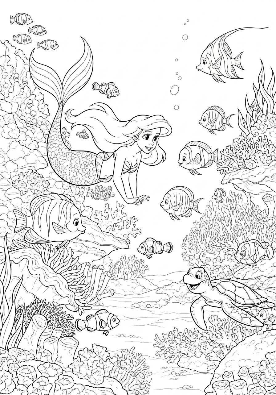 Desenho da Ariel no fundo do mar com peixes para colorir