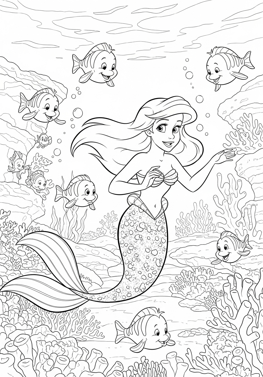 Desenho da Ariel com peixes fofos para colorir