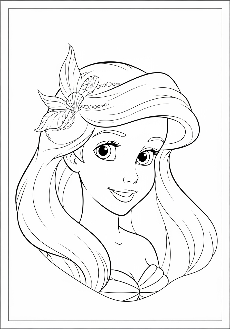 Desenho da Ariel com flor no cabelo para colorir