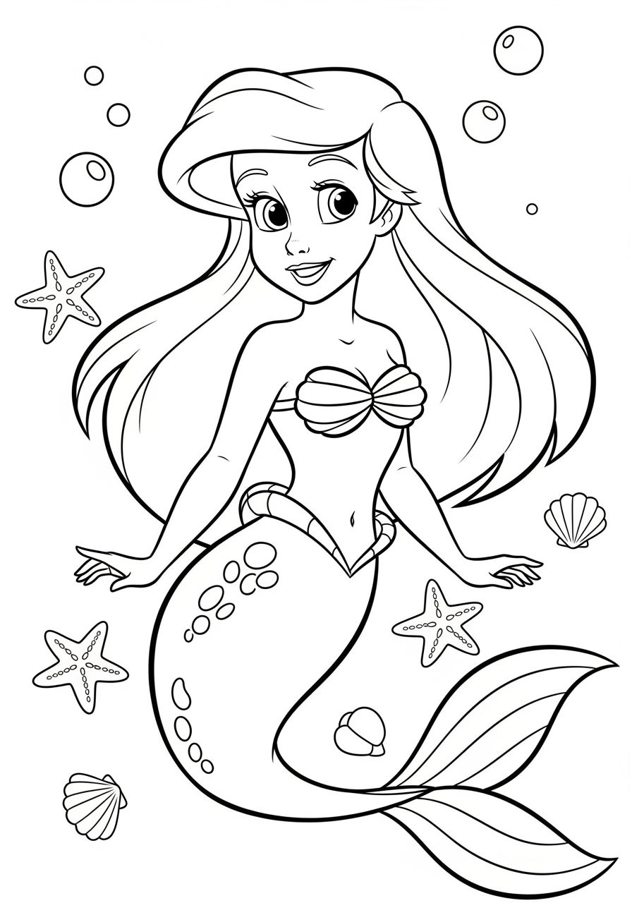 Desenho da Ariel sorrindo com estrelas do mar