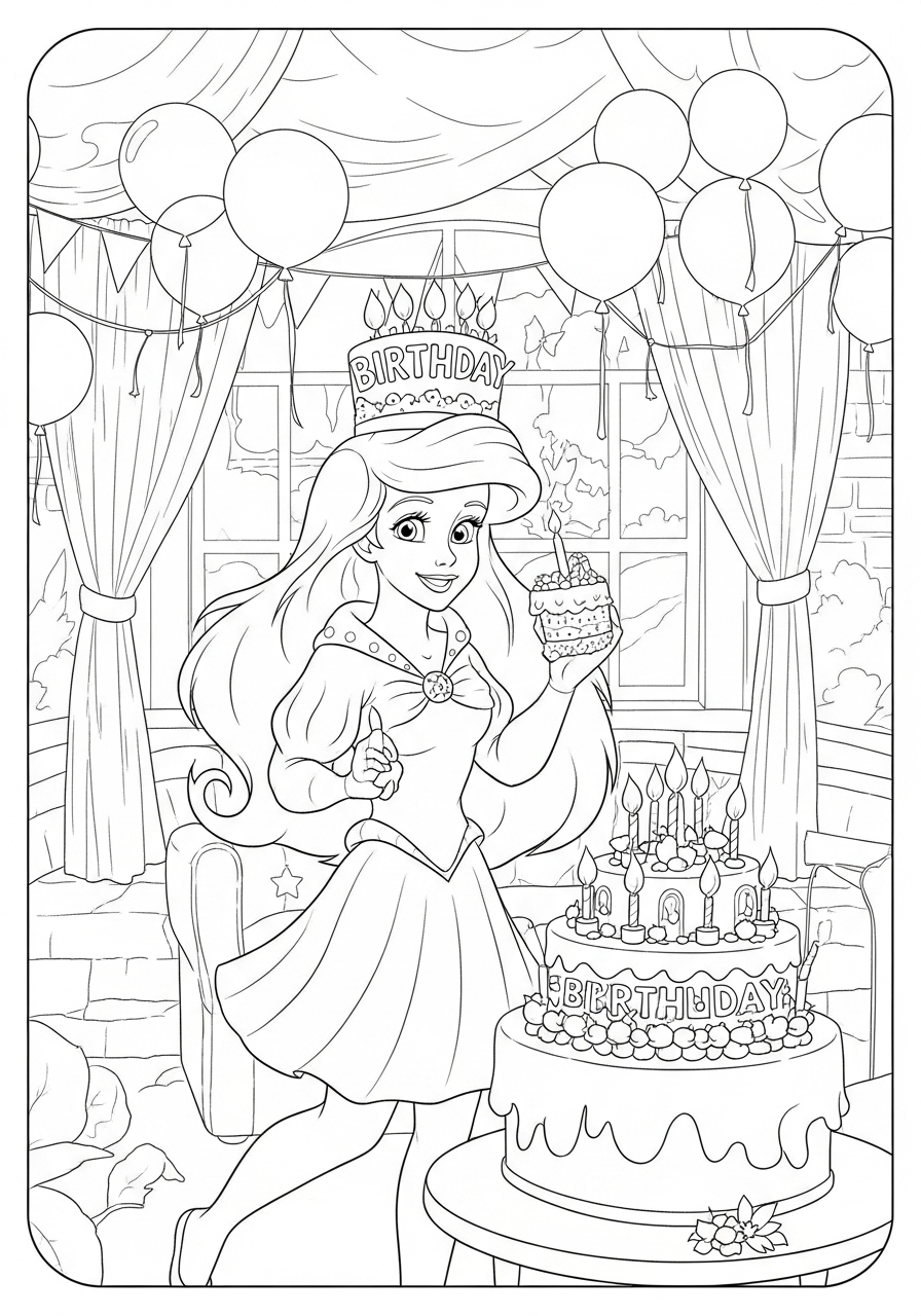 Desenho da Ariel com bolo de aniversário para colorir