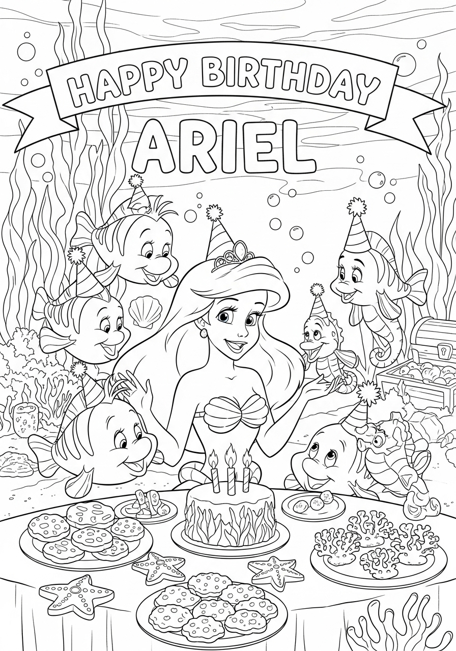 Desenho da Ariel em festa de aniversário para colorir