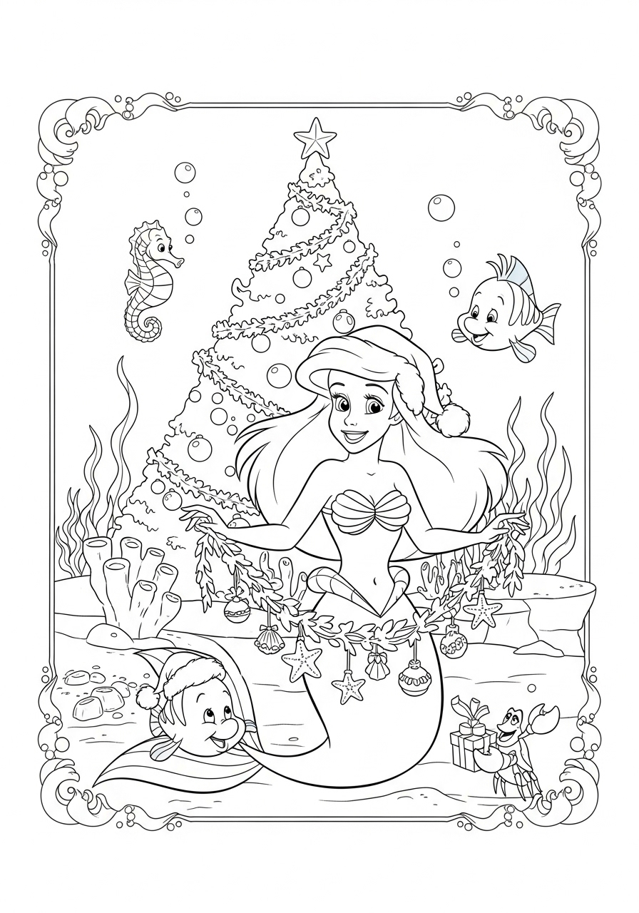 Desenho da Ariel com árvore de Natal para colorir