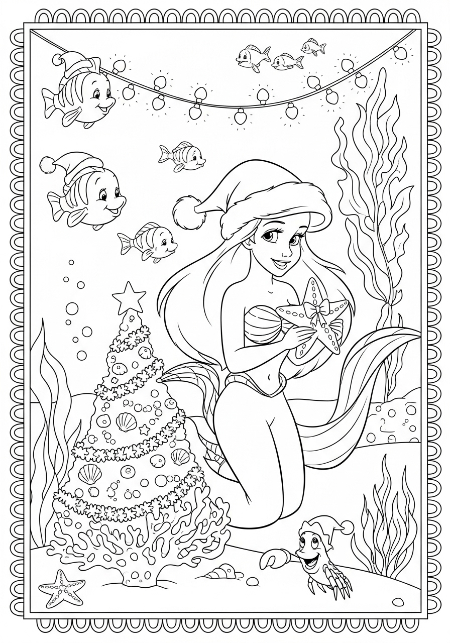 Desenho da Ariel com decoração natalina para colorir