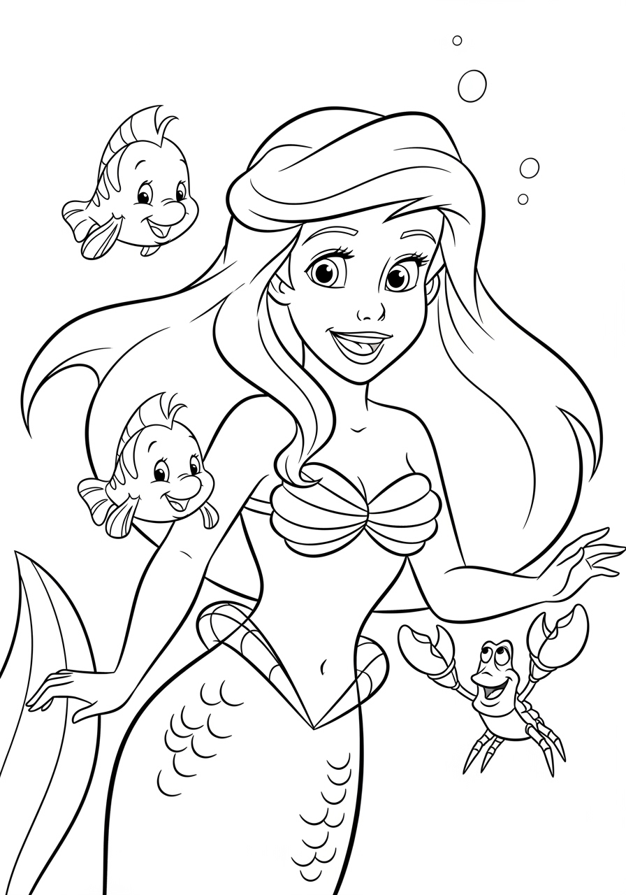 Desenho da Ariel com peixes e caranguejo para colorir