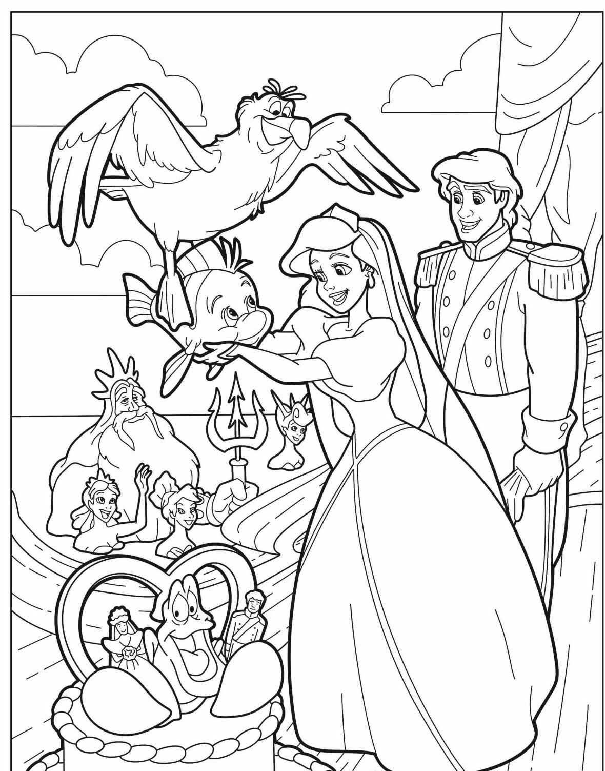 Desenho da Ariel e amigos com o principe para colorir
