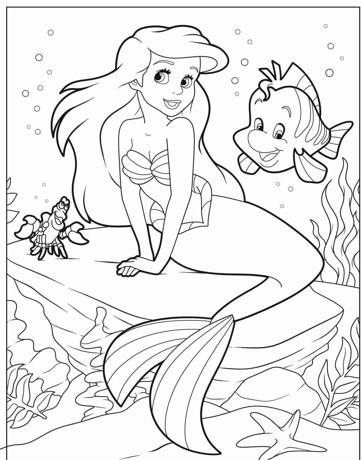 Desenho da Ariel com amigos do mar para colorir