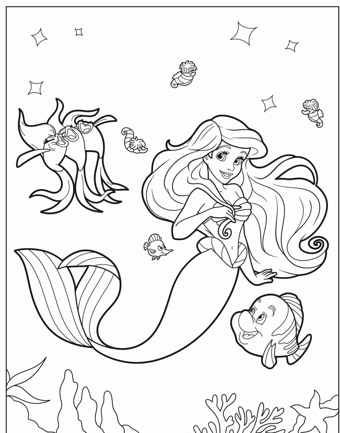 Desenho da Ariel feliz com peixes para colorir