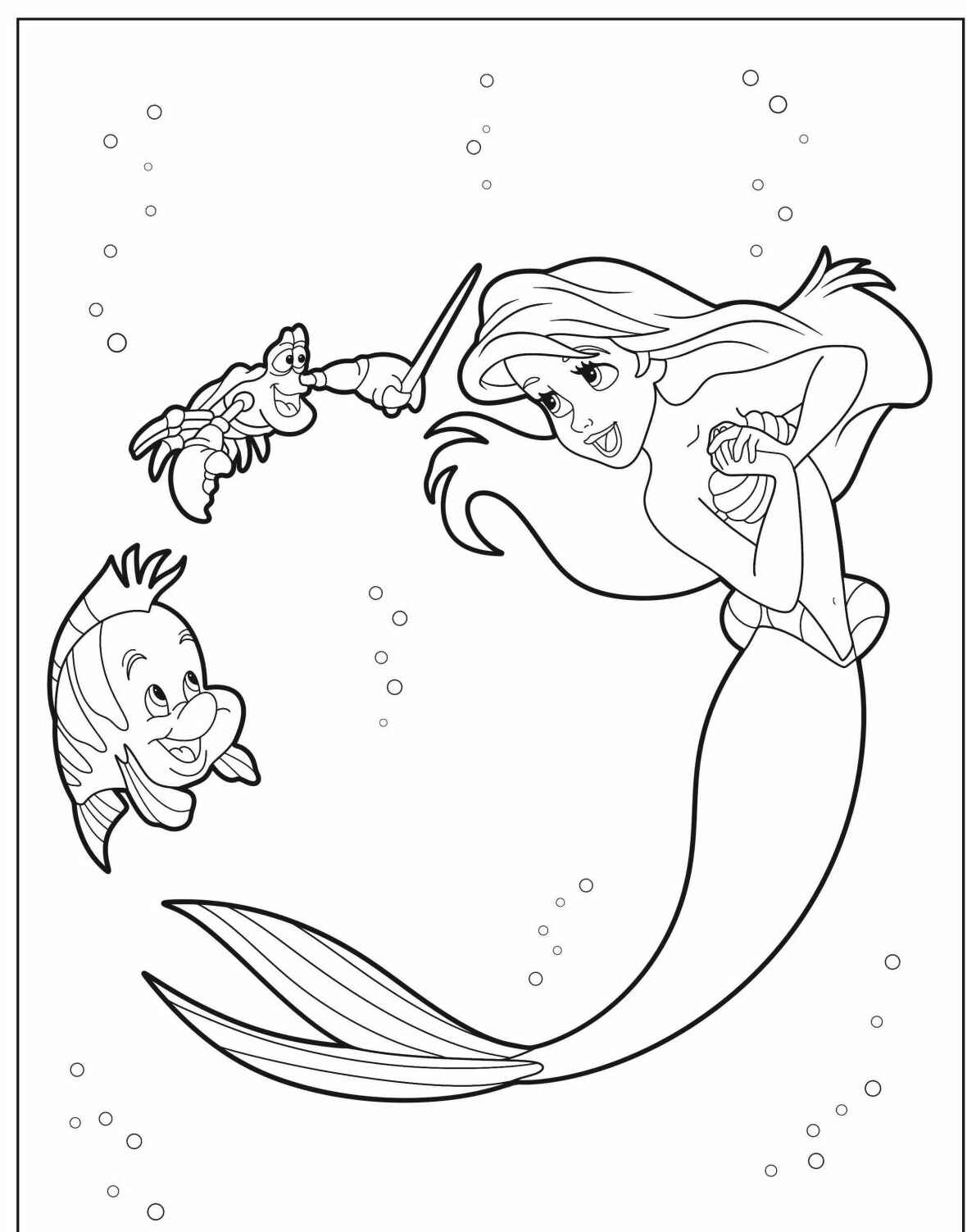 Desenho da Ariel nadando com amigos para colorir