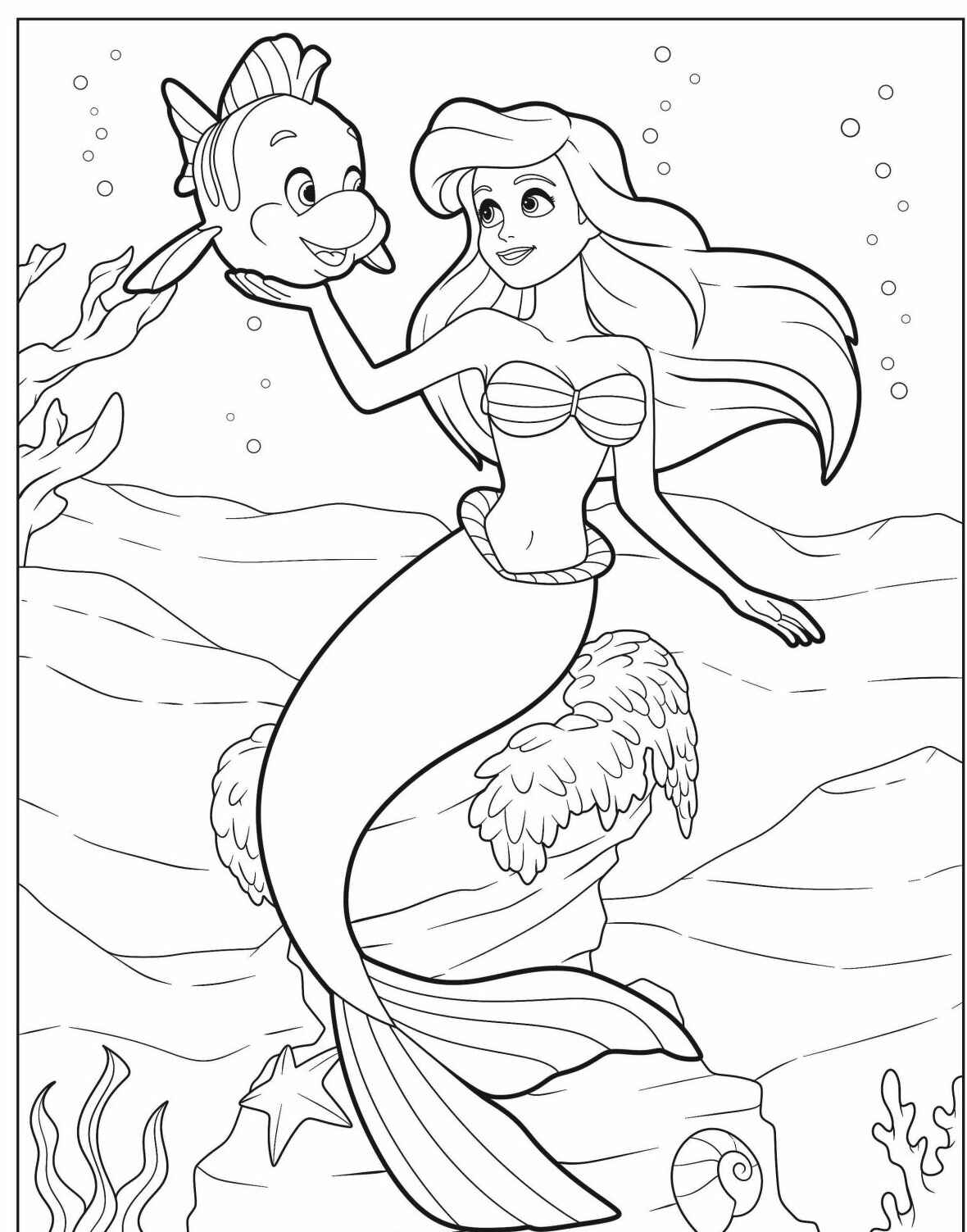 Desenho da Ariel com peixe Flounder para colorir