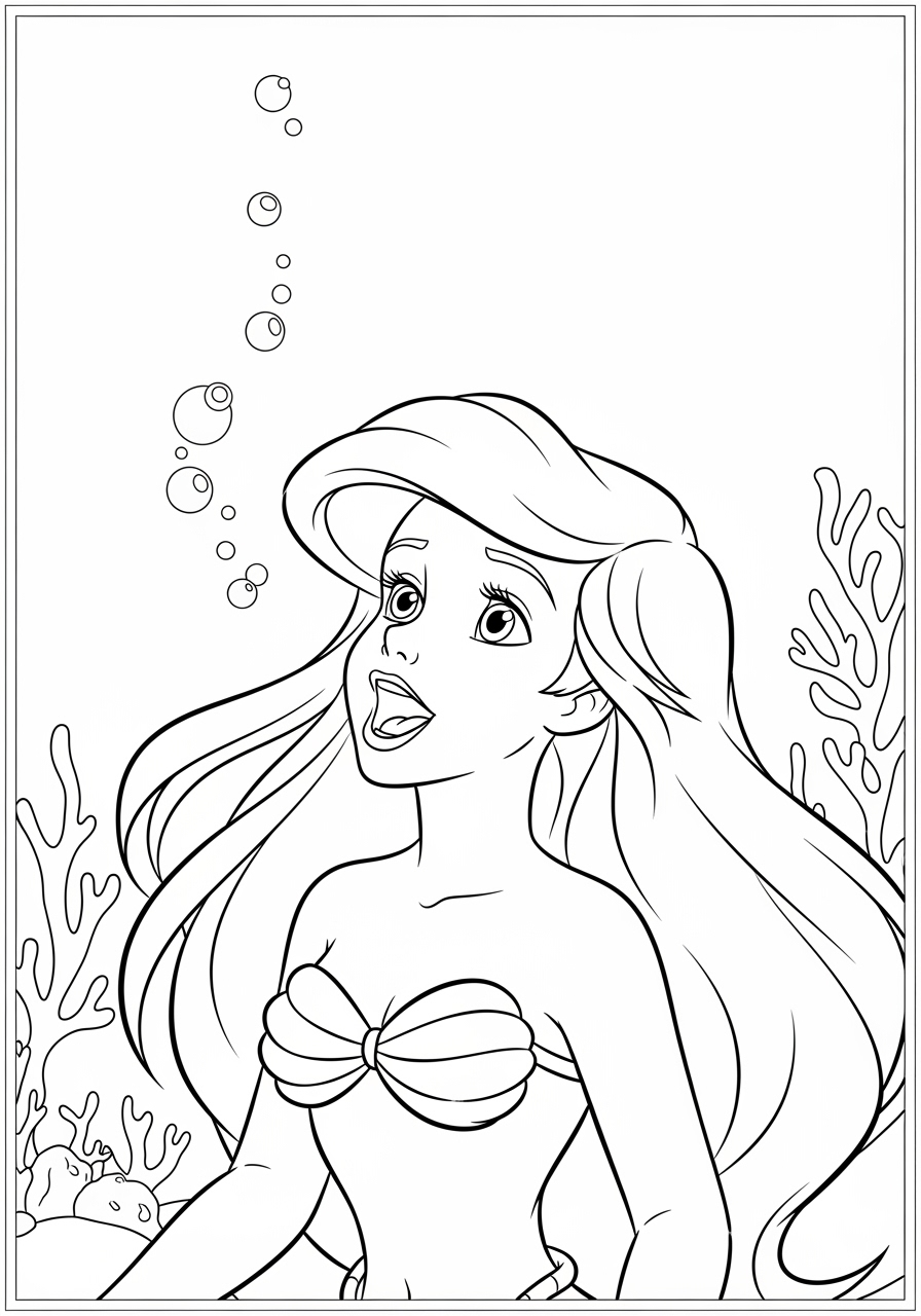 Desenho da Ariel fofinha com cabelo longo para colorir
