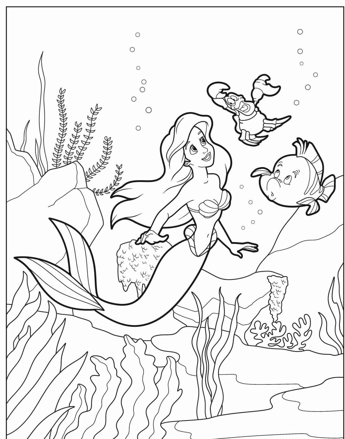 Desenho da Ariel com peixes e coral para colorir