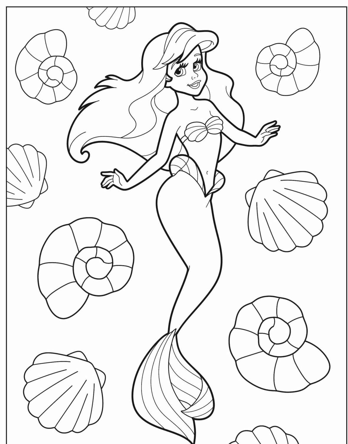 Desenho da Ariel sorridente com conchas fofas
