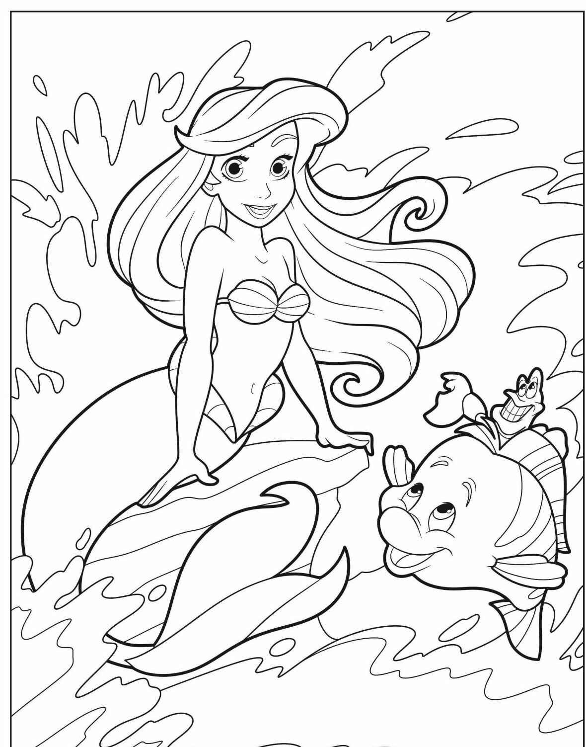 Desenho da Ariel com amigos marinhos para colorir